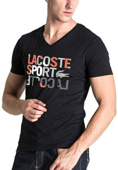 לקוסט-LACSOTE TSHIRT MEN V NECK DESGIN SHORT - Black