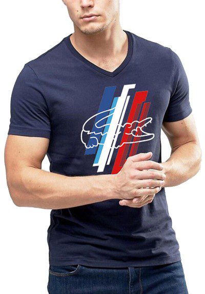 לקוסט-LACSOTE TSHIRT MEN V NECK DESGIN SHORT - Navy Blue