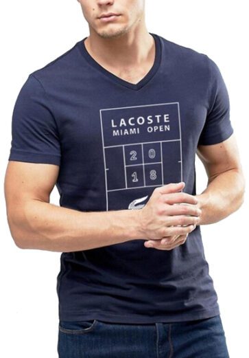לקוסט-LACSOTE TSHIRT MEN V NECK DESGIN SHORT - Navy Blue