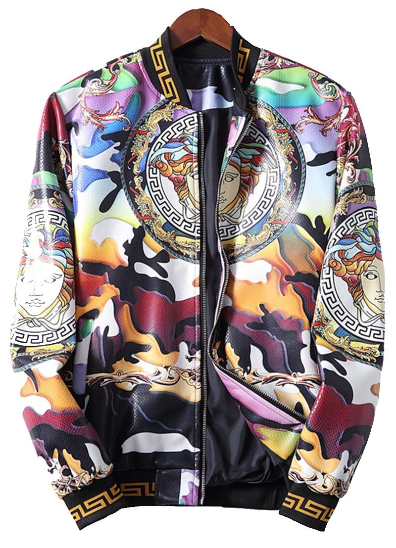 מעילים וג'קטים לגברים-VERSACE NEW LEATHER JACKET MEN'S - White Black & Golden Glow