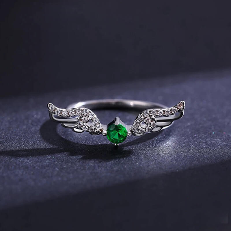 טבעת יוקרה-Silver Feather Rings for Women Cute Angel Wings With Green Crystal – תמונה 4