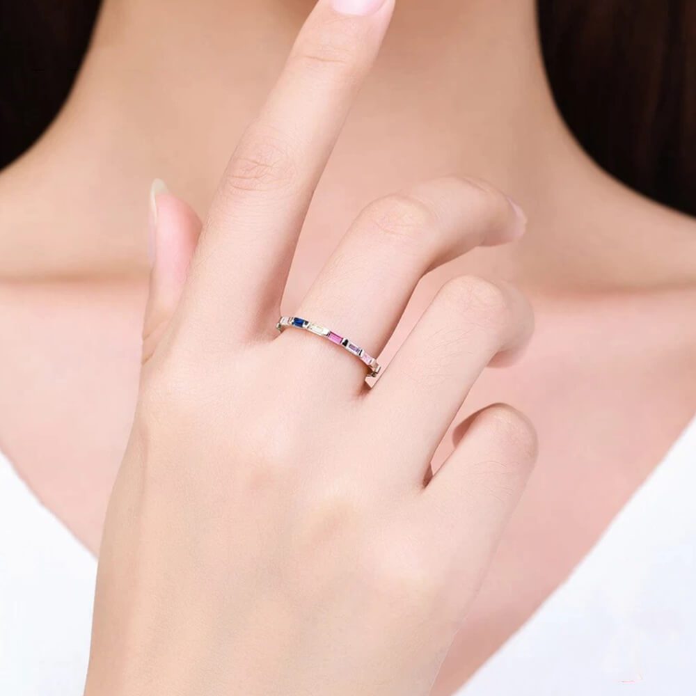 טבעת יוקרה-Silver Ring Rainbow Emerald cut Rectangle CZ Finger Rings for Women Wedding – תמונה 2