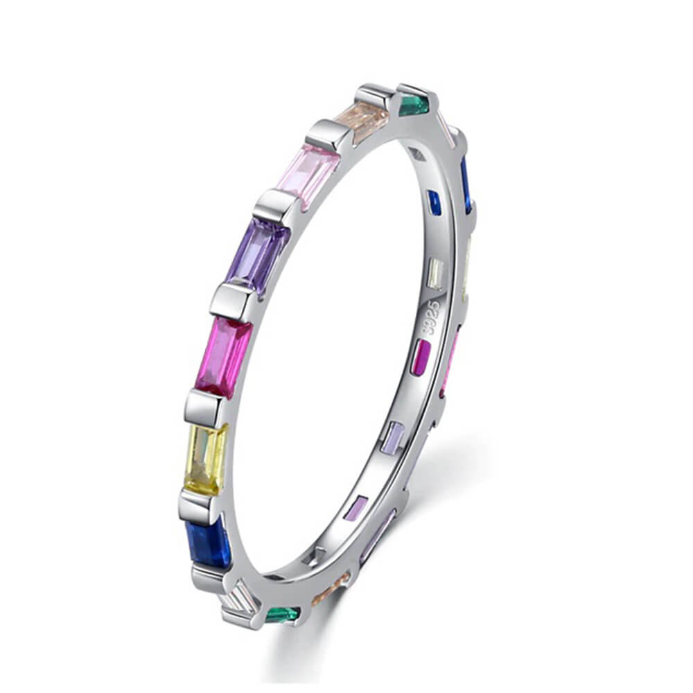 טבעת יוקרה-Silver Ring Rainbow Emerald cut Rectangle CZ Finger Rings for Women Wedding