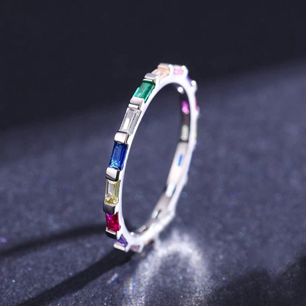 טבעת יוקרה-Silver Ring Rainbow Emerald cut Rectangle CZ Finger Rings for Women Wedding – תמונה 3